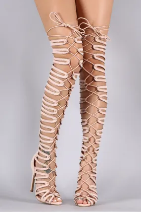 Suede Strappy Cage Lace-Up Open Toe Thigh High Heels