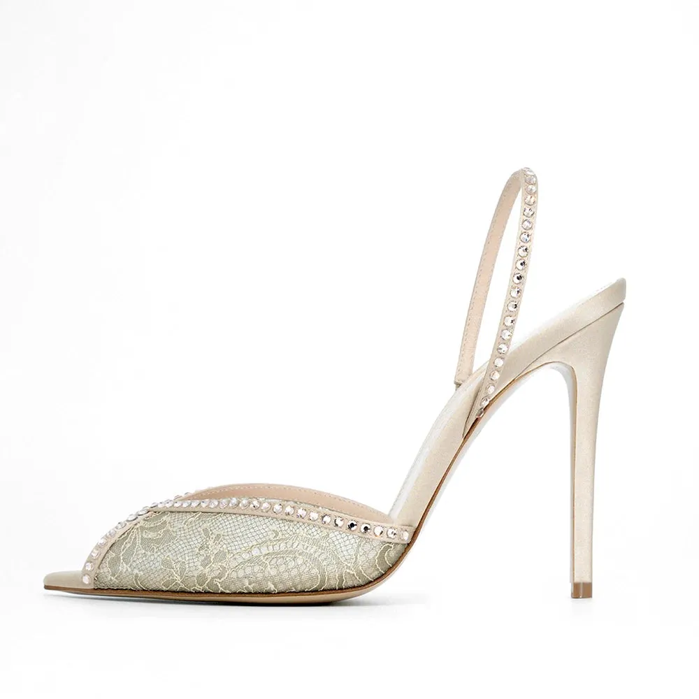 Trend4us Lace-Embellished Slingback Stiletto Heels