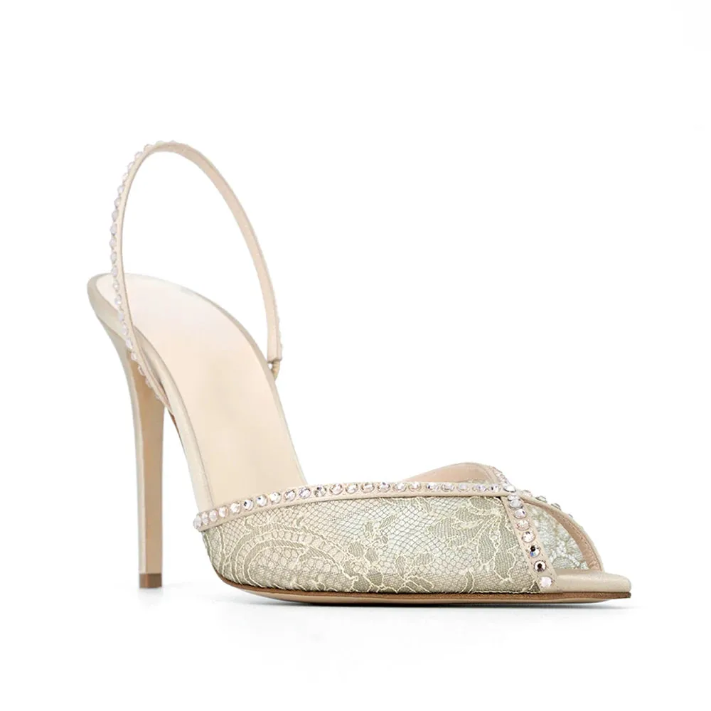 Trend4us Lace-Embellished Slingback Stiletto Heels