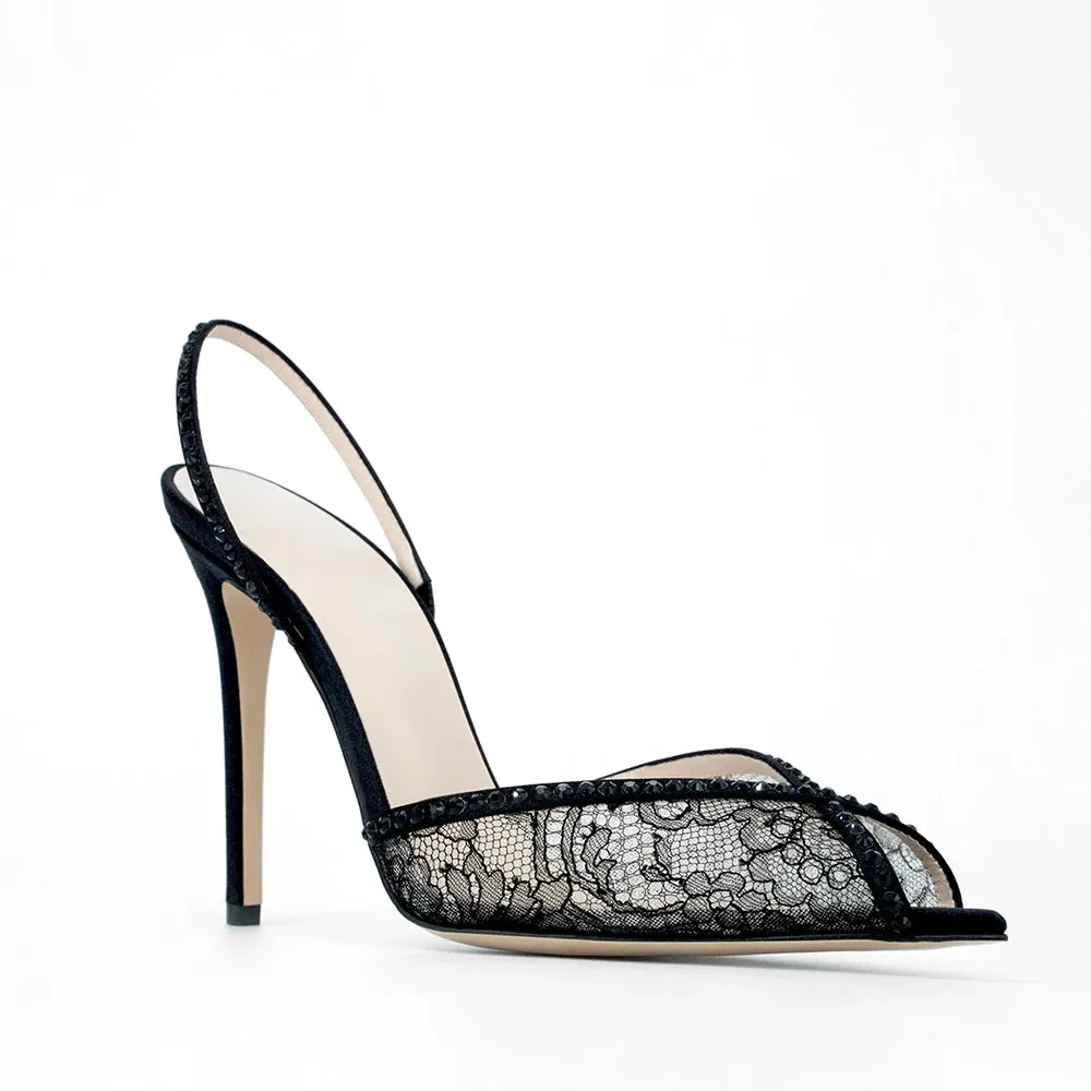 Trend4us Lace-Embellished Slingback Stiletto Heels