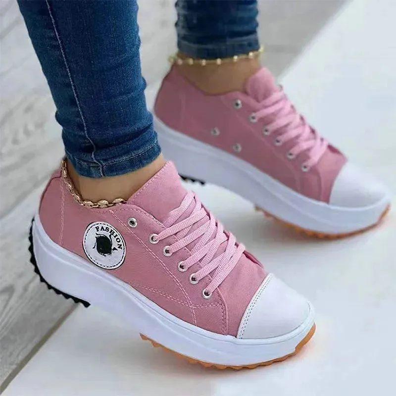 Women Casual Patterned Canvas Sneakers Shoes Spring Autumn Flat Lace-up Shoes