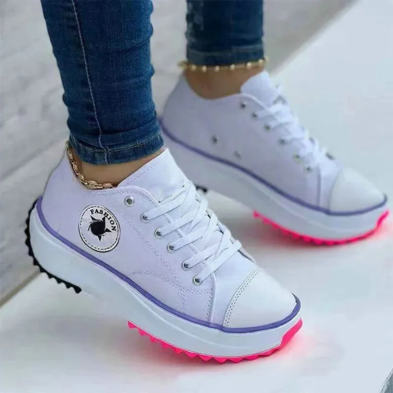 Women Casual Patterned Canvas Sneakers Shoes Spring Autumn Flat Lace-up Shoes