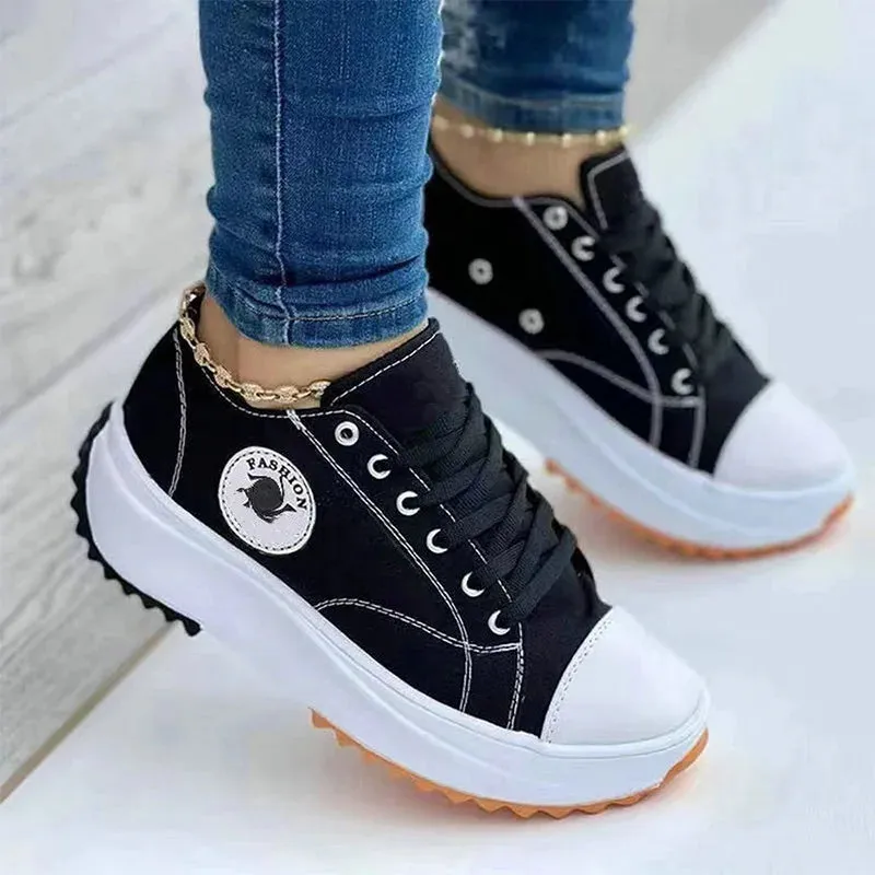 Women Casual Patterned Canvas Sneakers Shoes Spring Autumn Flat Lace-up Shoes