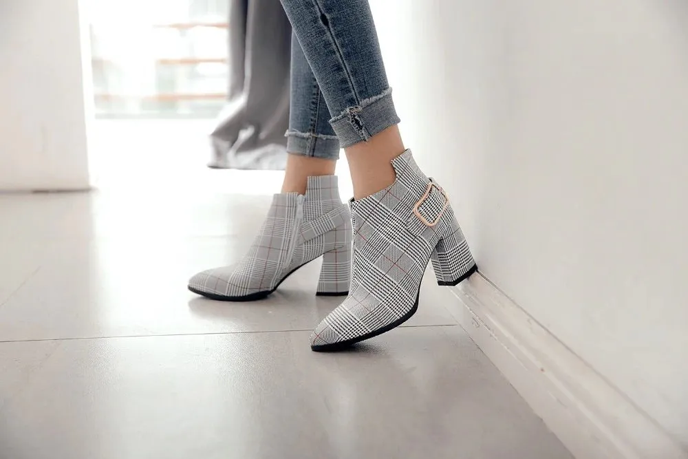 Women's Autumn/Winter Plaid Pointed Toe Heeled Ankle Boots