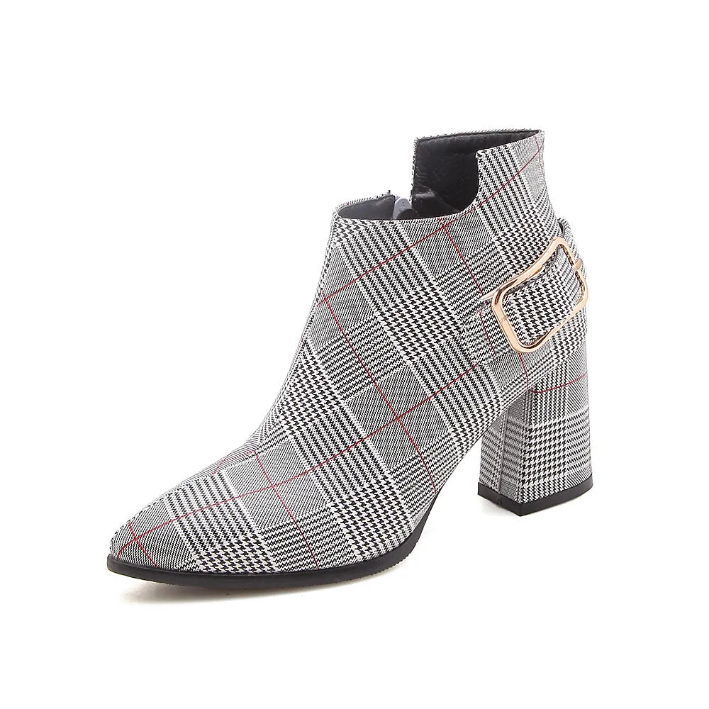 Women's Autumn/Winter Plaid Pointed Toe Heeled Ankle Boots