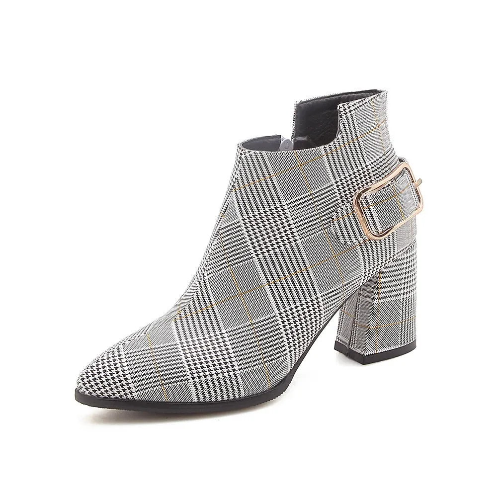 Women's Autumn/Winter Plaid Pointed Toe Heeled Ankle Boots