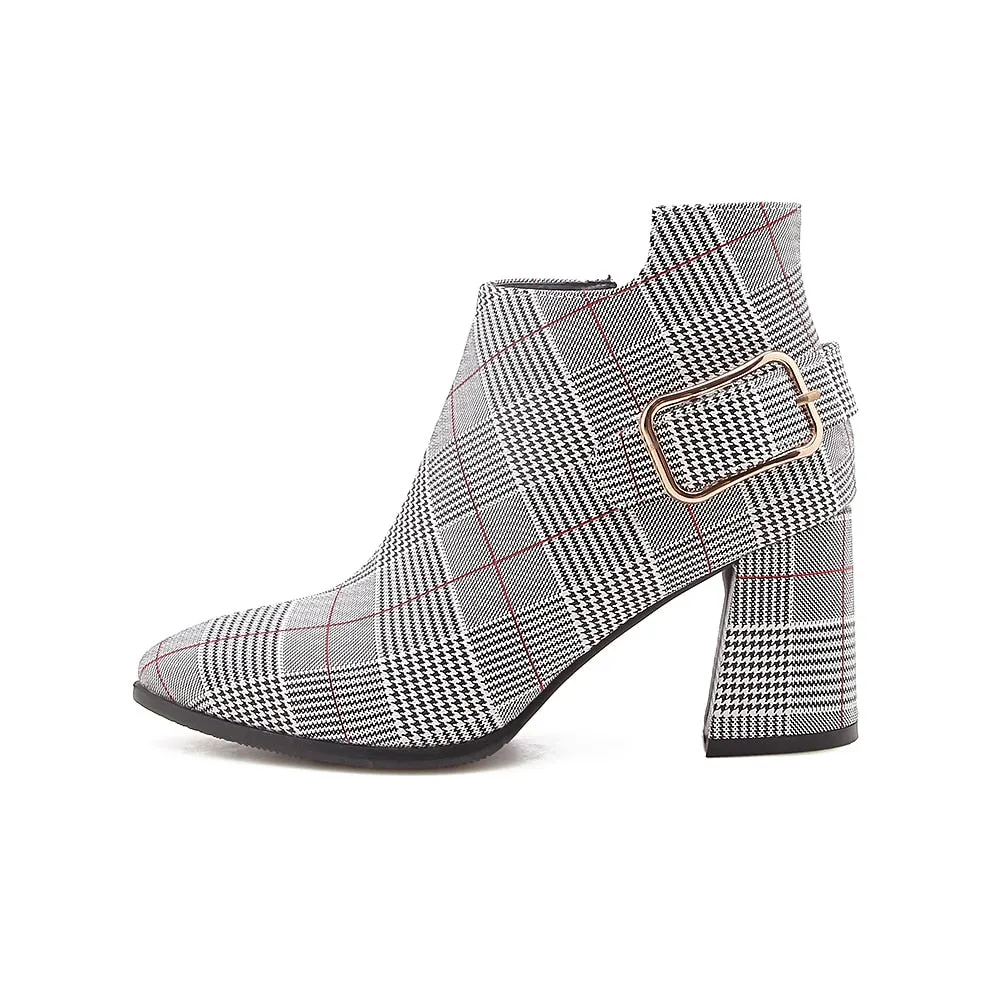 Women's Autumn/Winter Plaid Pointed Toe Heeled Ankle Boots